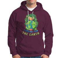 Maroon Earth Day hoodie with front pocket and “I Speak for the Earth” graphic