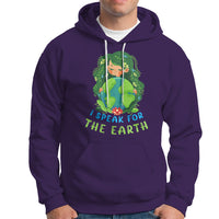 Purple Earth Day hoodie with front pocket and “I Speak for the Earth” graphic