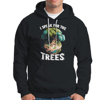 Black Earth Day hoodie with drawstring hood, kangaroo pocket, and 'I Speak for the Trees' graphic