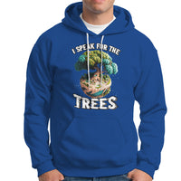 Royal blue Earth Day hoodie with drawstring hood, kangaroo pocket, and 'I Speak for the Trees' graphic