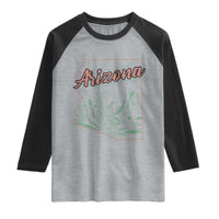 Vintage Arizona State Outline Desert Sunset Graphic Raglan Shirt Retro Southwest Saguaro Cactus Travel Souvenir