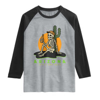 Funny Arizona Its A Dry Heat Skeleton Graphic Raglan Shirt Vintage Desert Drinking Beer Saguaro Cactus Souvenir