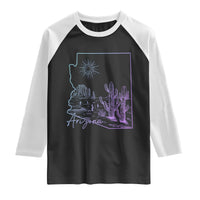 Glowing Arizona State Map Outline Graphic Raglan Shirt Neon Gradient Cactus Desert Travel Souvenir