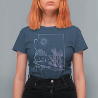 Glowing Arizona State Map Outline Graphic T Shirt For Women Neon Gradient Cactus Desert Travel Souvenir