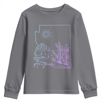 Glowing Arizona State Map Outline Graphic Youth Sweatshirt Neon Gradient Cactus Desert Travel Souvenir
