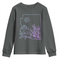 Glowing Arizona State Map Outline Graphic Youth Sweatshirt Neon Gradient Cactus Desert Travel Souvenir