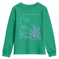 Glowing Arizona State Map Outline Graphic Youth Sweatshirt Neon Gradient Cactus Desert Travel Souvenir