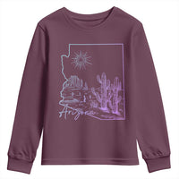 Glowing Arizona State Map Outline Graphic Youth Sweatshirt Neon Gradient Cactus Desert Travel Souvenir