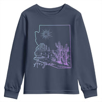 Glowing Arizona State Map Outline Graphic Youth Sweatshirt Neon Gradient Cactus Desert Travel Souvenir
