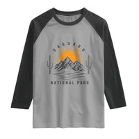 Retro Saguaro National Park Sunset Graphic Raglan Shirt Vintage Arizona Desert Mountain Badge Souvenir