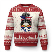 Patriotic Arizona Messy Bun Girl Graphic Ugly Christmas Sweater American Flag Sunglasses Southwest State Pride Souvenir