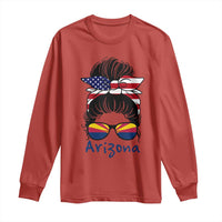 Patriotic Arizona Messy Bun Girl Graphic Long Sleeve Shirt American Flag Sunglasses Southwest State Pride Souvenir