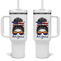 Patriotic Arizona Messy Bun Girl Graphic Tumbler With Handle American Flag Sunglasses Southwest State Pride Souvenir