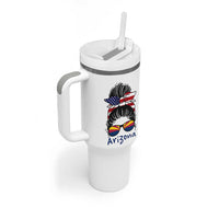Patriotic Arizona Messy Bun Girl Graphic Tumbler With Handle American Flag Sunglasses Southwest State Pride Souvenir