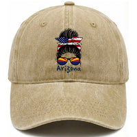 Patriotic Arizona Messy Bun Girl Graphic Washed Cotton Baseball Cap American Flag Sunglasses Southwest State Pride Souvenir