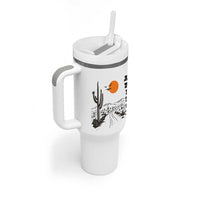 Retro Arizona Desert Road Sunset Graphic Tumbler With Handle Vintage Southwest Saguaro Cactus Travel Souvenir