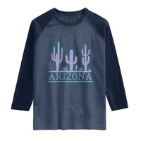 Retro Neon Silhouette Cactus Arizona Graphic Raglan Shirt Modern Southwest Desert Aesthetic Travel Souvenir