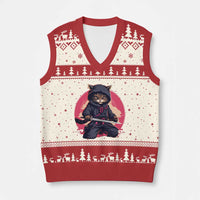 Japanese Ninja Cat V-Neck Knit Sweater Vest Ancient Japan Warrior Samurai Tattoo Kawaii Vintage - Wonder Print Shop