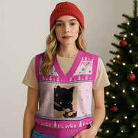 Kawaii Cat Eating Sushi V-Neck Knit Sweater Vest Japanese Anime Manga Otaku Retro Vintage Graphic - Wonder Print Shop
