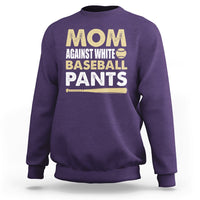 Purple sweatshirt with front graphic text "MOM AGAINST WHITE BASEBALL PANTS"