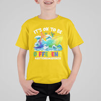 Kids autism awareness T-shirt, daisy yellow, front whale graphic with “It’s OK to be Different”