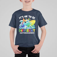 Kids autism awareness T-shirt, navy blue, front whale graphic with “It’s OK to be Different”