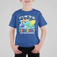 Kids autism awareness T-shirt, royal blue, front whale graphic with “It’s OK to be Different”