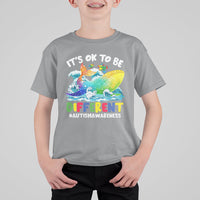 Kids autism awareness T-shirt, sport gray, front whale graphic with “It’s OK to be Different”