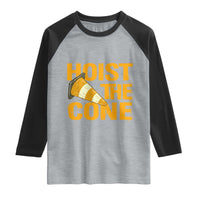 Vintage Hoist The Cone Distressed Graphic Raglan Shirt Funny Sports Meme Baseball Fan Victory Celebration
