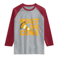 Vintage Hoist The Cone Distressed Graphic Raglan Shirt Funny Sports Meme Baseball Fan Victory Celebration