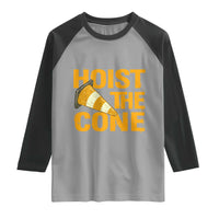 Vintage Hoist The Cone Distressed Graphic Raglan Shirt Funny Sports Meme Baseball Fan Victory Celebration