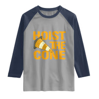 Vintage Hoist The Cone Distressed Graphic Raglan Shirt Funny Sports Meme Baseball Fan Victory Celebration