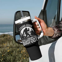 Funny Christian Sasquatch Tumbler With Handle I Found Jesus Still Looking for Bigfoot Vintage Distressed Graphic