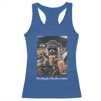 Literally Just A Bleacher Creature Funny Raccoon Baseball Graphic Racerback Tank Top Cool Game Day Fan Gift