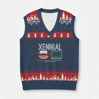Xennial Typewriter and Computer Screen V-Neck Knit Sweater Vest Analog Childhood Digital Adulthood