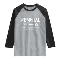 Funny Xennial Analog To Digital Raglan Shirt Cassette Tape to Internet Cynic to Optimist
