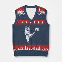 Vintage Sketch Soccer Cat Graphic V-Neck Knit Sweater Vest Kitten Kicking Football Sports Lover