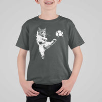 Vintage Sketch Soccer Cat Graphic T Shirt For Kid Kitten Kicking Football Sports Lover