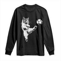 Vintage Sketch Soccer Cat Graphic Long Sleeve Shirt Kitten Kicking Football Sports Lover