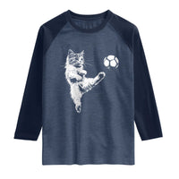 Vintage Sketch Soccer Cat Graphic Raglan Shirt Kitten Kicking Football Sports Lover
