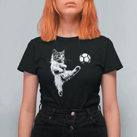 Vintage Sketch Soccer Cat Graphic T Shirt For Women Kitten Kicking Football Sports Lover