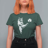 Vintage Sketch Soccer Cat Graphic T Shirt For Women Kitten Kicking Football Sports Lover