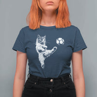 Vintage Sketch Soccer Cat Graphic T Shirt For Women Kitten Kicking Football Sports Lover