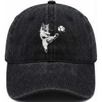 Vintage Sketch Soccer Cat Graphic Washed Cotton Baseball Cap Kitten Kicking Football Sports Lover