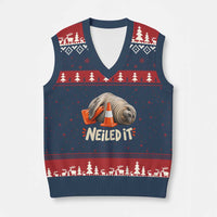 Funny Neil The Seal Nailed It Meme V-Neck Knit Sweater Vest Cute Chaotic Viral Elephant Seal Traffic Cone Pun