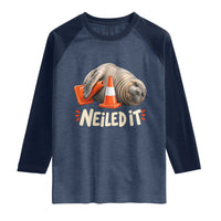 Funny Neil The Seal Nailed It Meme Raglan Shirt Cute Chaotic Viral Elephant Seal Traffic Cone Pun