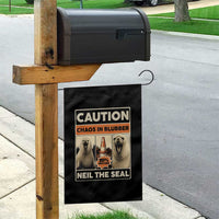 Retro Neil the Seal Caution Chaos in Blubber Garden Flag Funny Viral Chaotic Elephant Seal Traffic Cone Meme