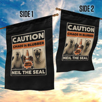 Retro Neil the Seal Caution Chaos in Blubber Garden Flag Funny Viral Chaotic Elephant Seal Traffic Cone Meme