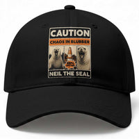 Retro Neil the Seal Caution Chaos in Blubber Baseball Cap Funny Viral Chaotic Elephant Seal Traffic Cone Meme