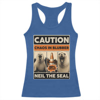 Retro Neil the Seal Caution Chaos in Blubber Racerback Tank Top Funny Viral Chaotic Elephant Seal Traffic Cone Meme